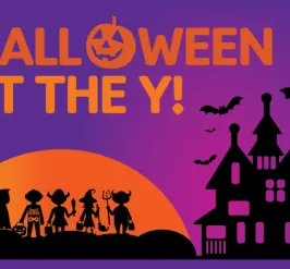shillouette of treat or treaters with a haunted house on a purple background, with the words "Halloween at the Y"