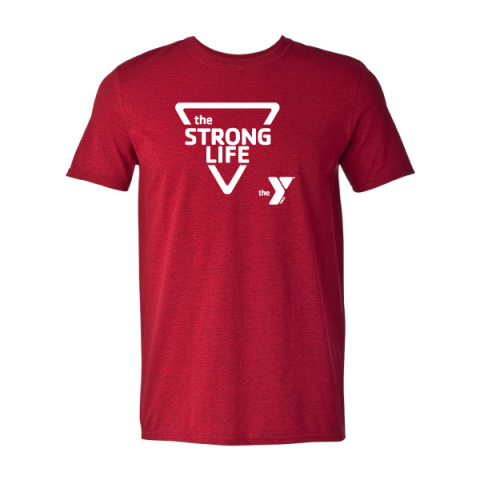red shirt with "The strong life" and a Y logo