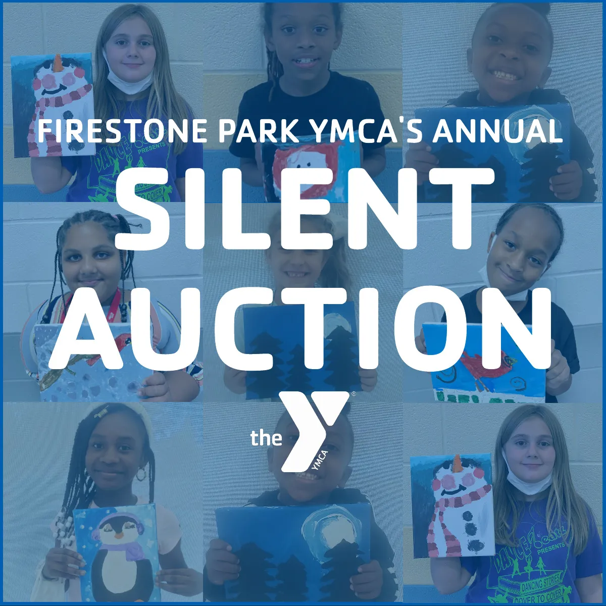 collage of kids with paintings and announcement of a silent auction