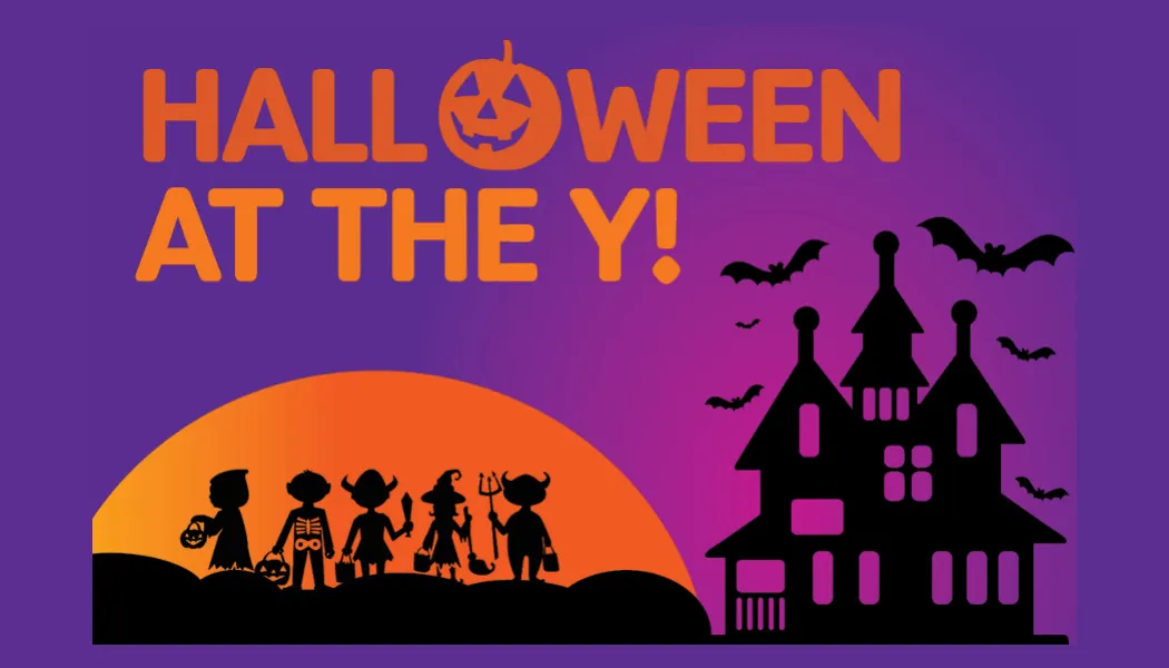shillouette of treat or treaters with a haunted house on a purple background, with the words &quot;Halloween at the Y&quot;