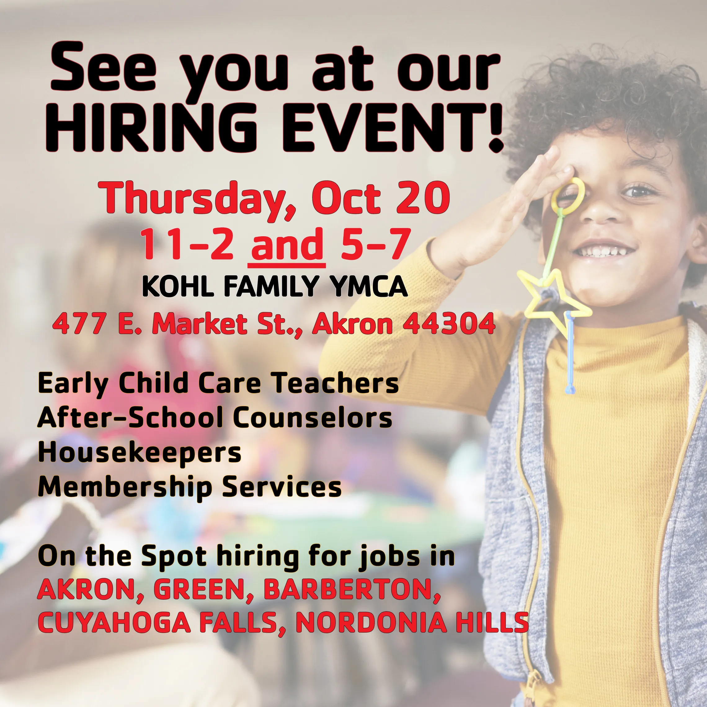 Ad with young boy reminding folks about Hiring Event