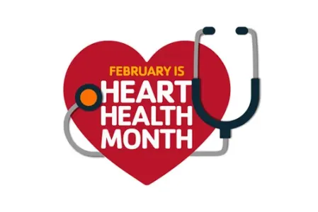 Red heart with a stethoscope and the words "February is Heart Health Month"